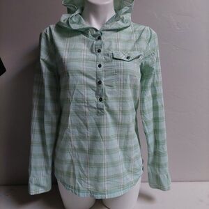 PRANA Light Green Pullover Plaid Shirt Adjustable Sleeves‎ Hooded Size S Women